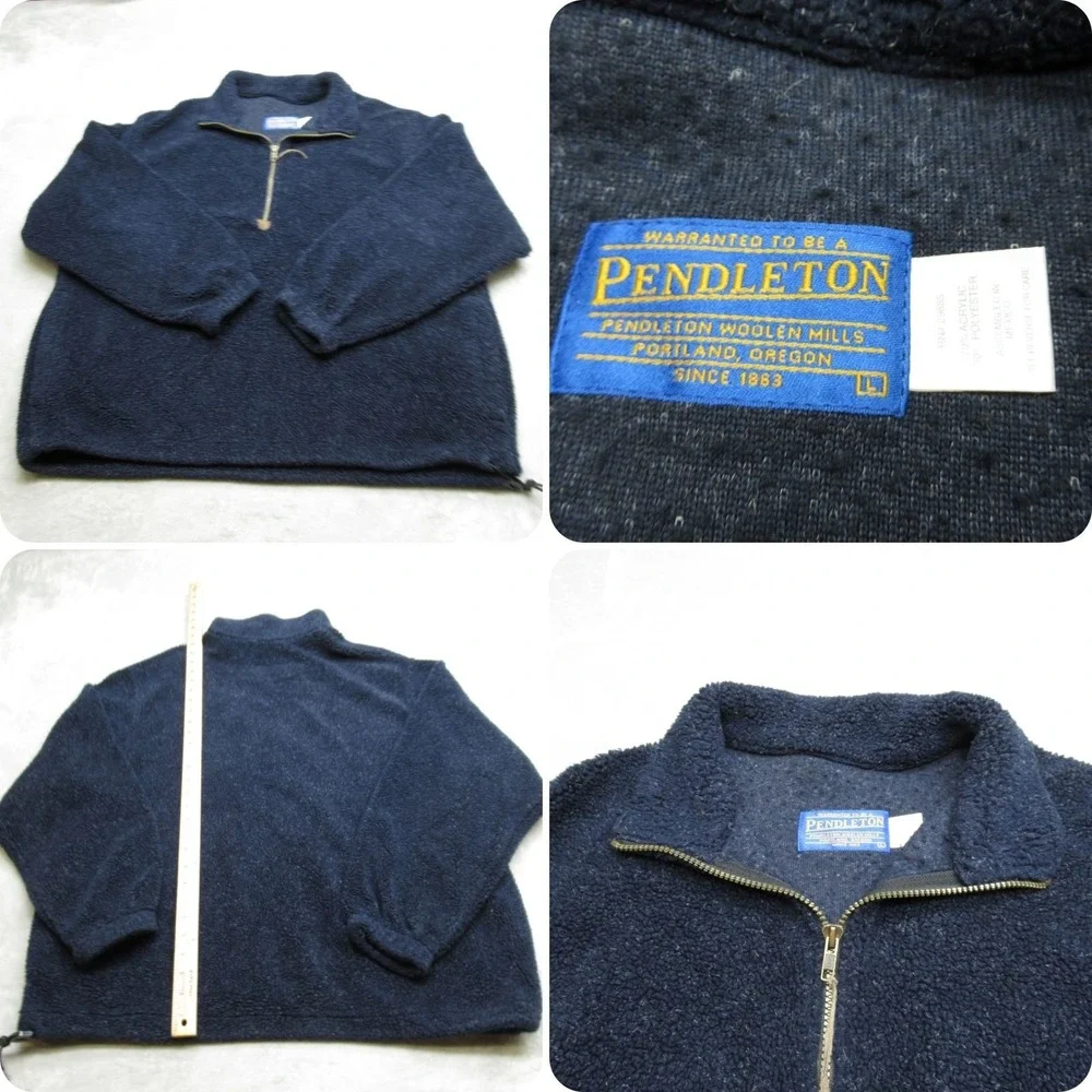 Pendleton Sweater Mens Large Blue‎ Pockets Fuzzy Sherpa Fleece 1/4 Zip Vintage